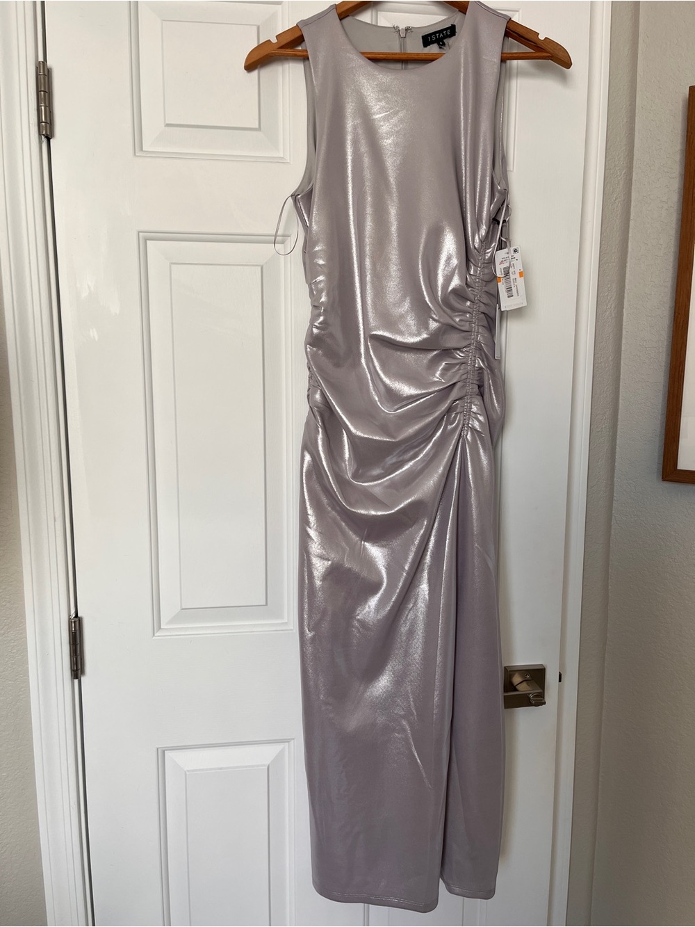 1. State Silver Sleeveless Ruched Maxi Dress